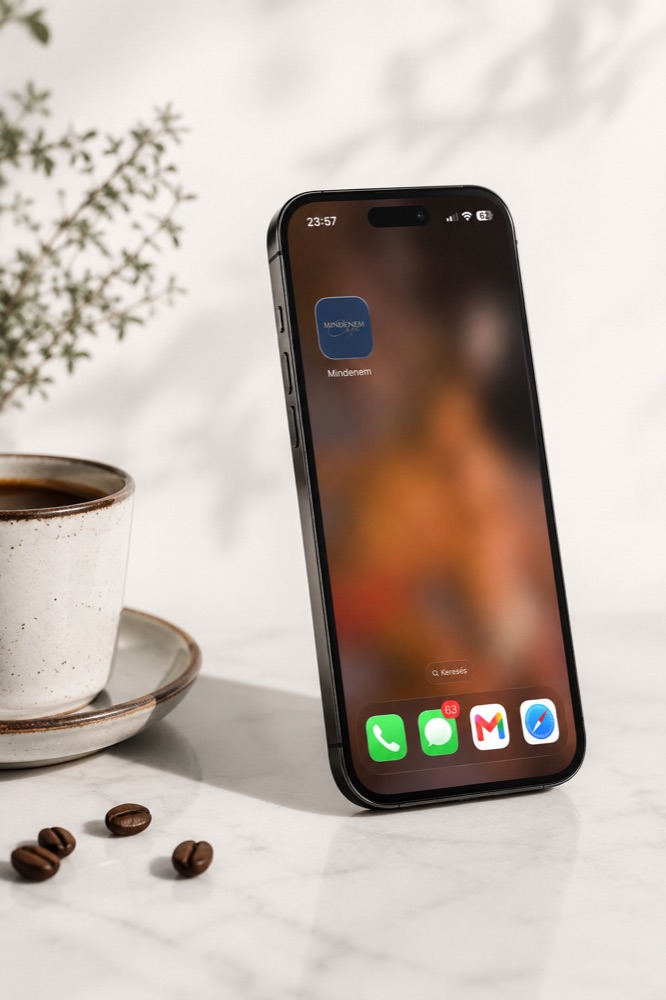 A Mindenem app egy telefonon, mellette egy csésze kávé