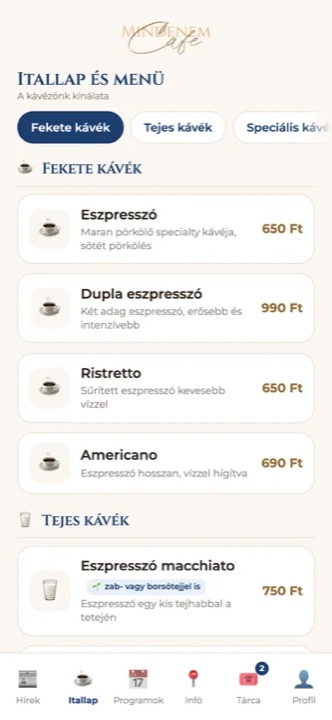 A Mindenem app itallap képernyője