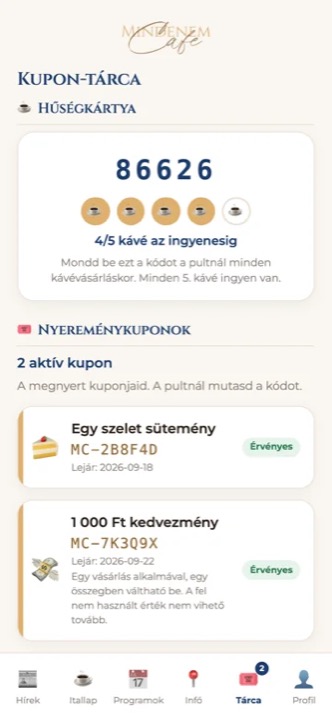 A Mindenem app kupontárca képernyője a hűségkóddal