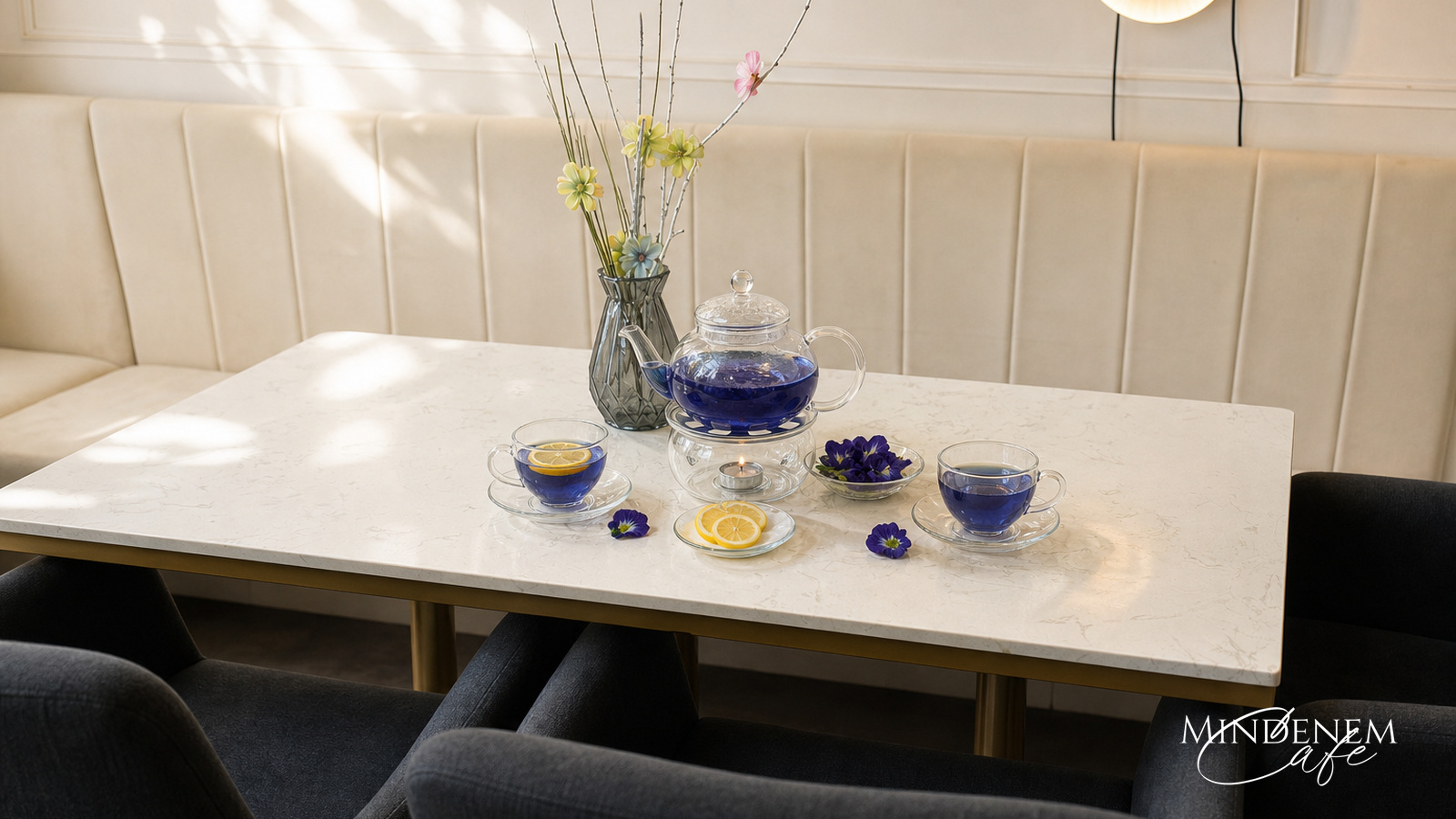 Színváltó kék Butterfly Pea Tea pohárban, citrommal, az Öreghegyi kávézó asztalán