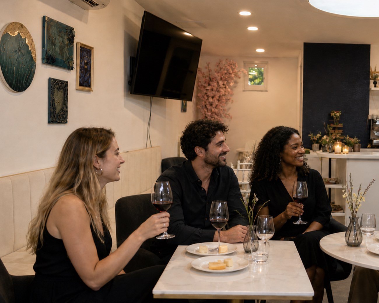 Baráti társaság boroz és beszélget a Mindenem Caféban