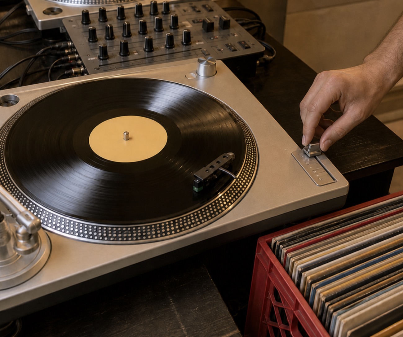 Bakelitlemez a lemezjátszón közelről, DJ Ármin szettjéhez a 90-es évek kvízesten