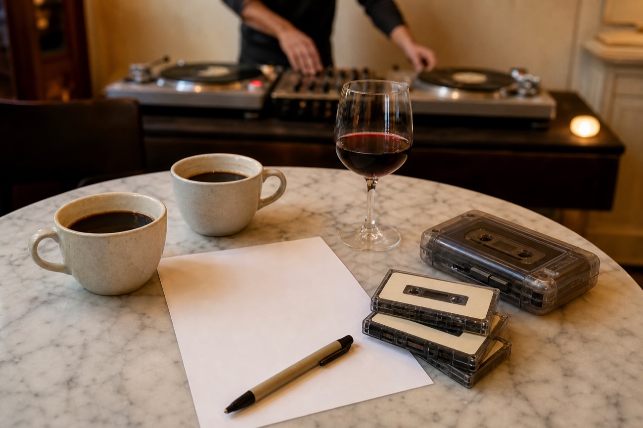 Kávé, egy pohár bor és kazetták a márványasztalon, háttérben a DJ-pult