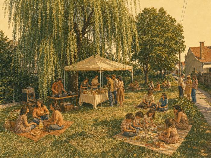 Nefelejcs a Zöldben: szabadtéri retro piknik Székesfehérváron, szomorúfűz alatt DJ bakelitlemezekkel, büfésátor, pokrócon piknikező családok és kézműveskedő gyerekek