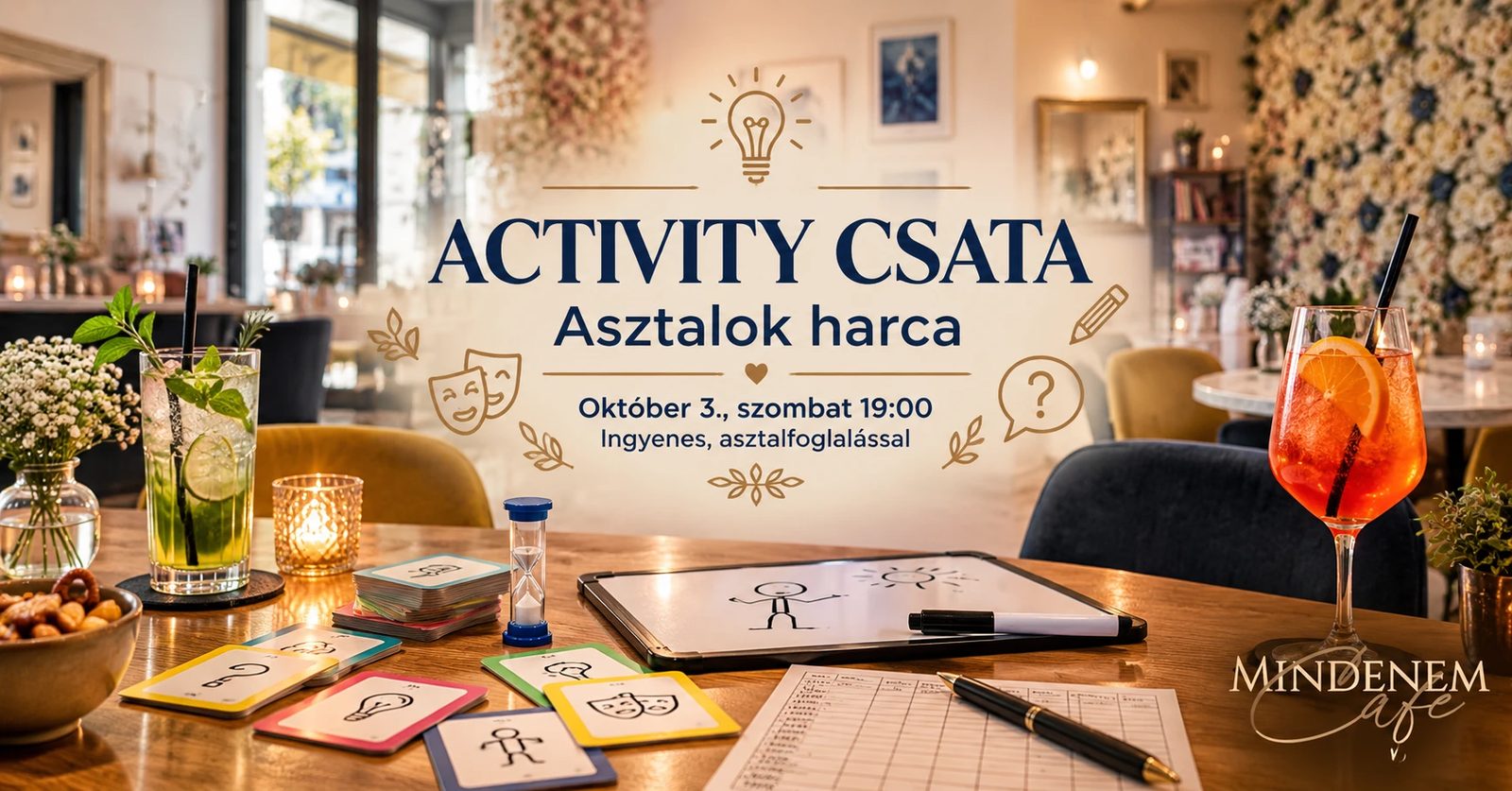 Activity csata október 3-án, szombat 19:00: feladatkártyák, homokóra, rajztábla és pontozólap a Mindenem kávézó asztalán
