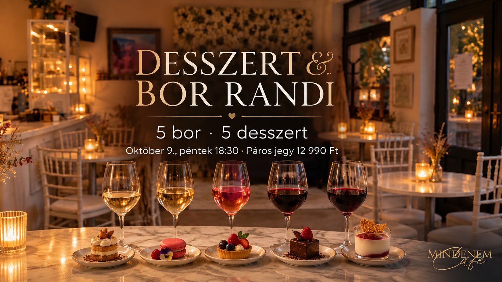 Desszert & Bor randi október 9-én, péntek 18:30: öt pohár bor és öt mini desszert egy márványasztalon a Mindenem kávézó esti, gyertyafényes belső terében