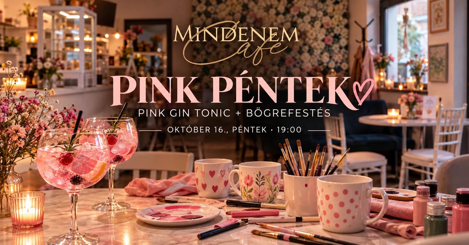 Pink Péntek október 16-án, péntek 19:00: Pink Gin Tonic poharak, festett bögrék és ecsetek egy márványasztalon a Mindenem kávézó gyertyafényes belső terében