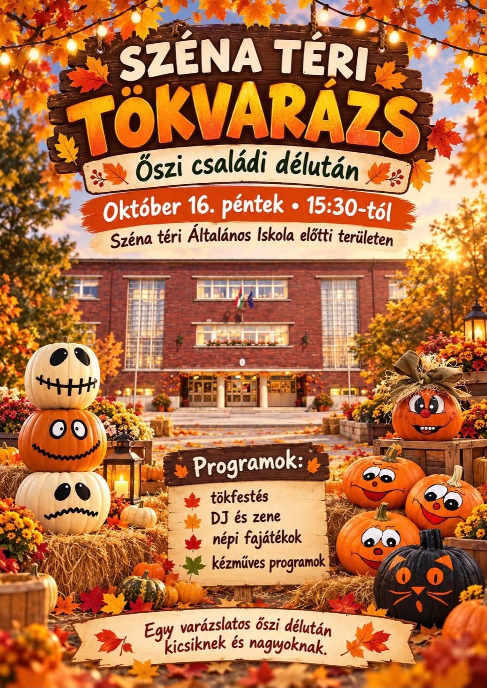 Széna téri Tökvarázs plakát: őszi családi délután október 16-án, pénteken 15:30-tól a Széna téri Általános Iskola előtt, festett tökökkel, szalmabálákkal és őszi lombokkal