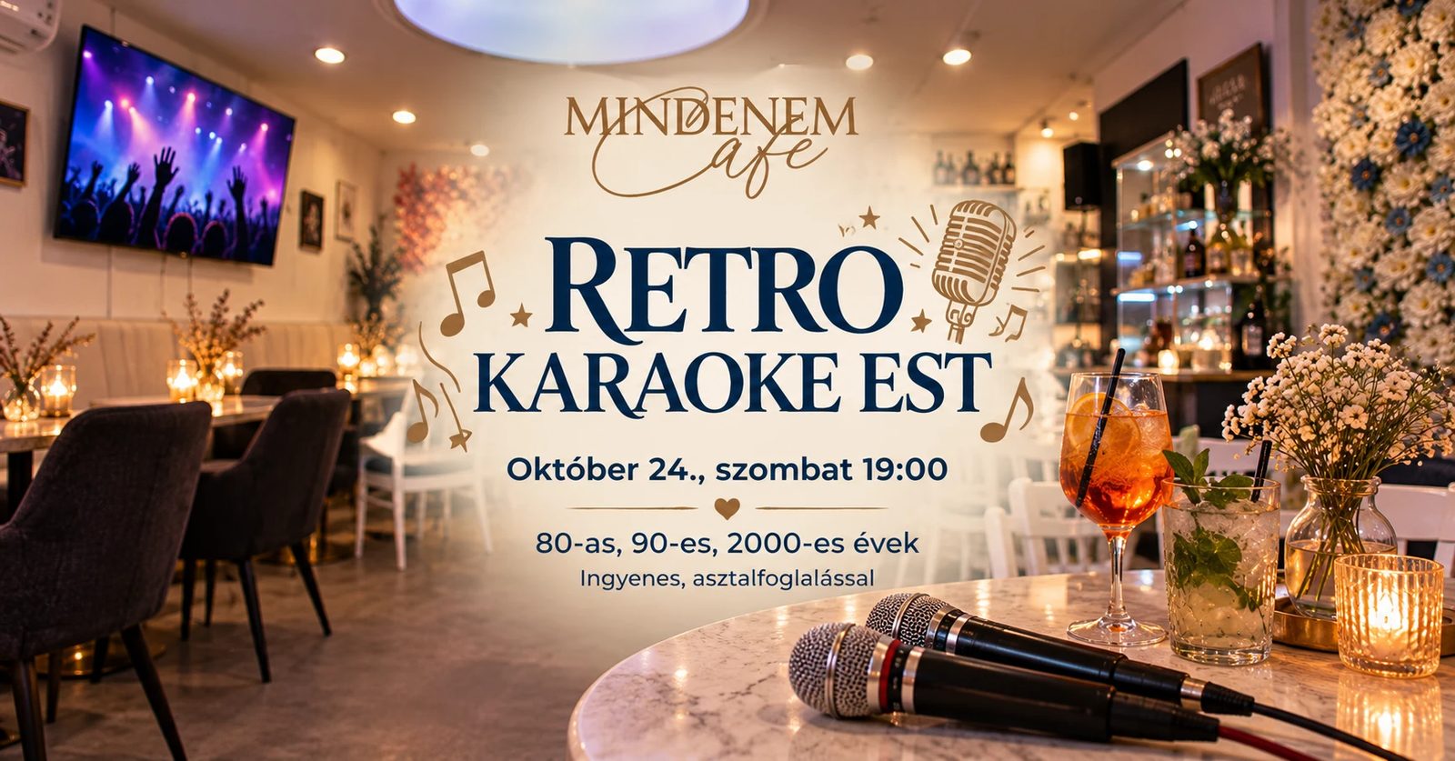Retro karaoke est október 24-én: mikrofonok és koktélok egy márványasztalon a Mindenem kávézóban