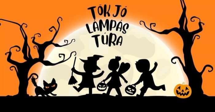 Tök jó lámpás túra október 30-án: jelmezes gyerekek sziluettje tökös lámpásokkal, telihold előtt narancs háttéren