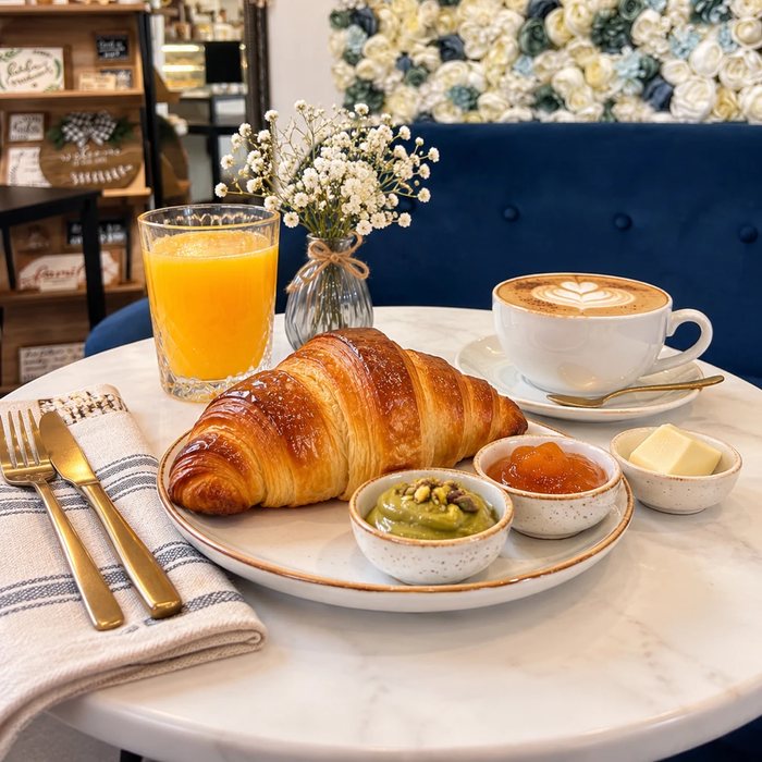 Bonjour! francia reggeli a Mindenem kávézóban: vajas croissant pisztáciakrémmel, sárgabaracklekvárral és vajjal, cappuccino és narancslé
